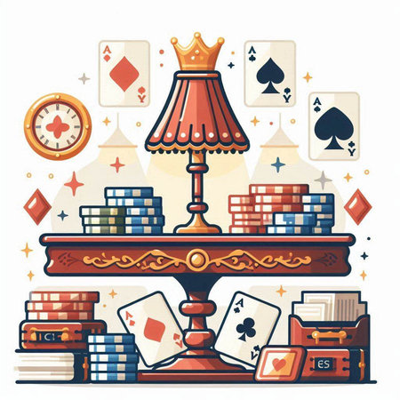 Vector illustration of a casino table with cards, chips and lamp.のイラスト素材
