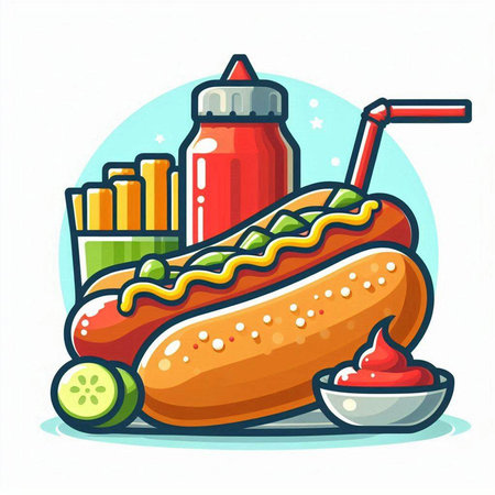 Hot dog with mustard and ketchup. Fast food. Vector illustrationのイラスト素材