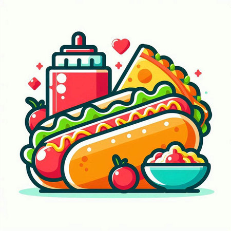 Hot dog with vegetables and ketchup. Fast food. Vector illustration.のイラスト素材