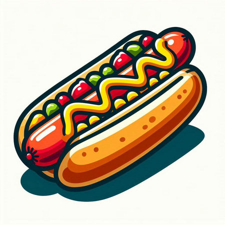 Hot dog with mustard and ketchup on a white background. Vector illustrationのイラスト素材