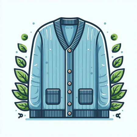 Vector hand drawn illustration of a blue jacket and green leaves isolated on white background.のイラスト素材
