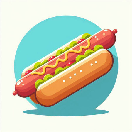 Hot dog with mustard and ketchup. Vector illustration in flat style.のイラスト素材