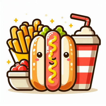 Hot dog with french fries and cola drink, vector illustration.のイラスト素材