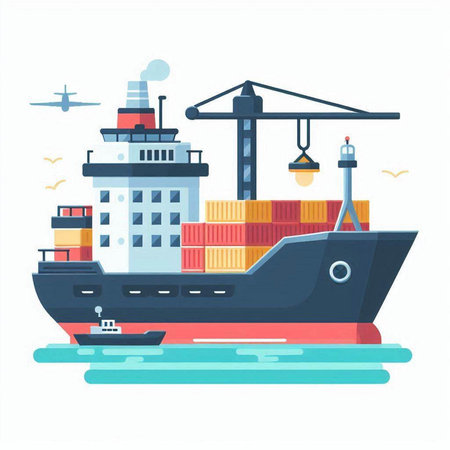 Cargo ship with containers. Freight transportation. Vector illustration in flat styleのイラスト素材