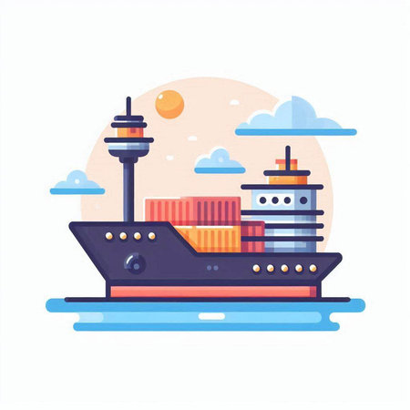 Cargo ship with containers in the sea. Flat vector illustration.のイラスト素材