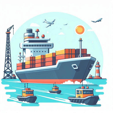 Cargo ship and tugboats on the sea. Vector illustration.のイラスト素材
