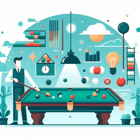 Billiard club concept. Vector illustration in flat design style. Billiard table, cue, balls, lamp, billiard balls.のイラスト素材