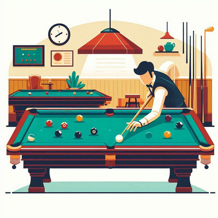 Young man playing billiards at home. Vector illustration in flat styleのイラスト素材
