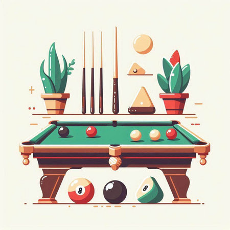 Vector illustration of billiard table with billiard balls, cue, snooker.のイラスト素材