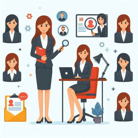 Business woman in office. Vector illustration in flat cartoon style. Business conceptのイラスト素材