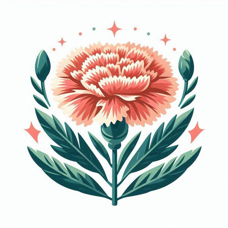 Vector illustration of beautiful pink carnation with green leaves and stars.のイラスト素材