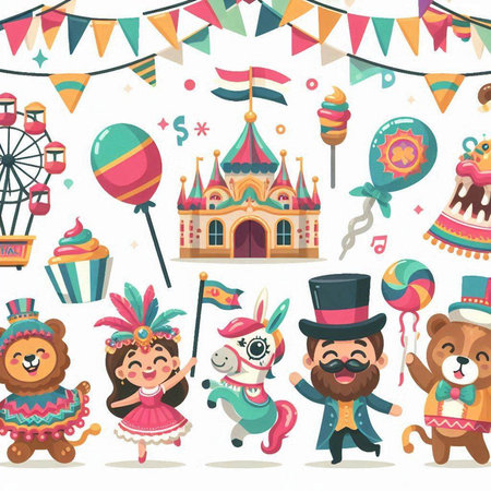 Circus carnival elements set with clowns and animals vector illustrationのイラスト素材