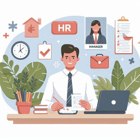 Businessman working at office. Vector illustration in flat cartoon style.のイラスト素材