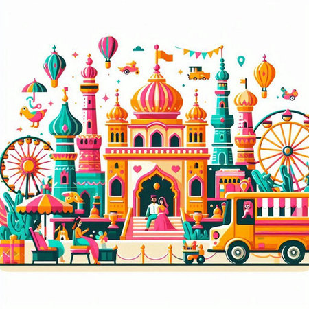 Amusement park with attractions. Vector illustration in cartoon style.のイラスト素材