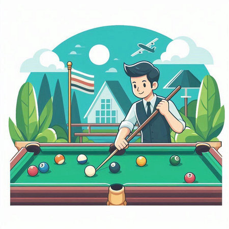 Illustration of a young man playing billiards in a parkのイラスト素材