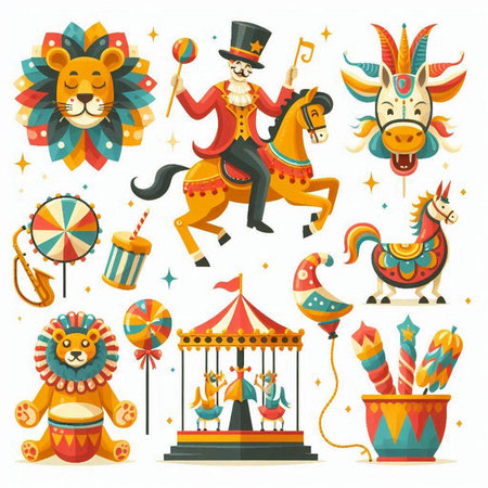 Circus carnival icons set with lion, lion, horse, carousel and other elements isolated vector illustrationのイラスト素材