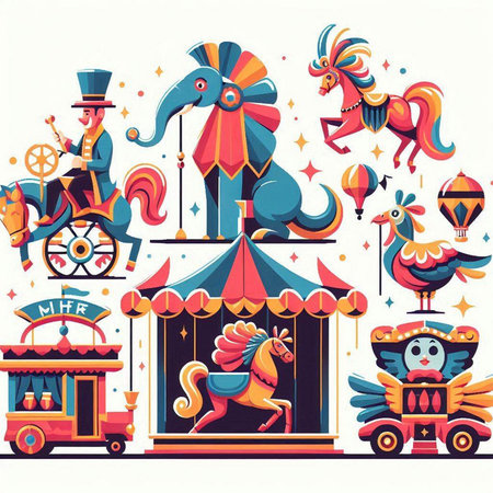 Circus carnival vector illustration in flat style with animals and carouselsのイラスト素材