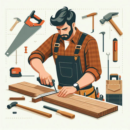 Carpenter working with tools. Vector illustration in retro style.のイラスト素材