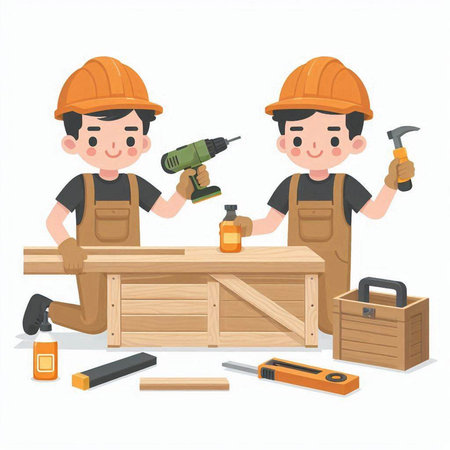 carpenter working with tools on white background, vector illustration.のイラスト素材