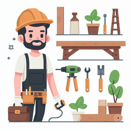 Carpenter, craftsman in hardhat and overalls with tools. Vector illustration.のイラスト素材