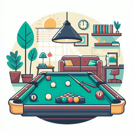 Pool table with balls and cue in flat style. Vector illustration.のイラスト素材