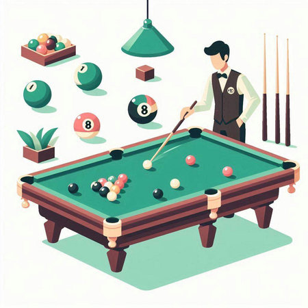 Vector illustration of a billiard table with balls, cue and playerのイラスト素材