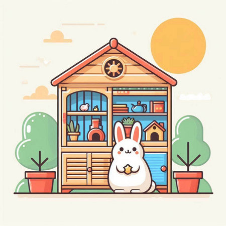 Vector illustration of a cute rabbit in a wooden house in the parkのイラスト素材