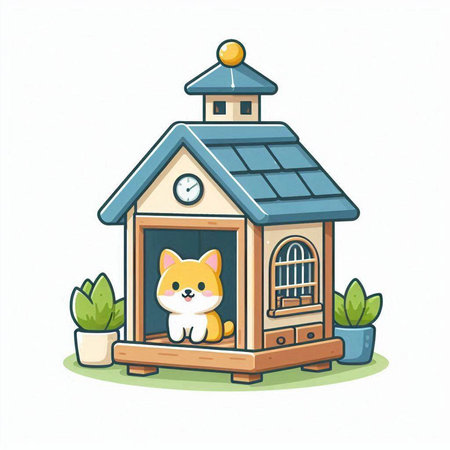 Illustration of a Cute Cat Sitting Inside a Wooden Toy Houseのイラスト素材