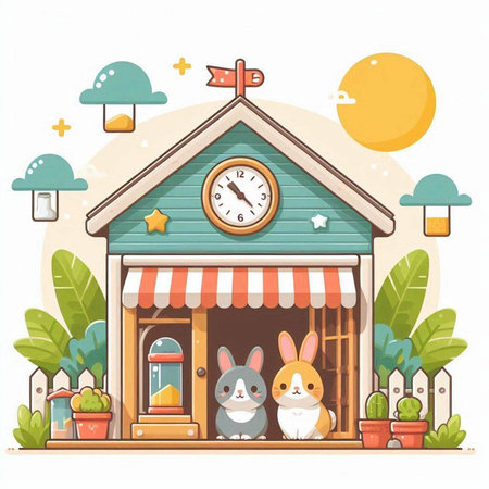 Cute cartoon animal shop with clock and house. Vector illustration.のイラスト素材