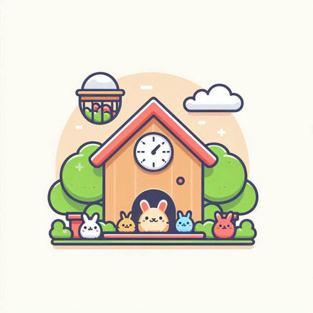 Cute rabbit house in the garden. Vector illustration in flat styleのイラスト素材