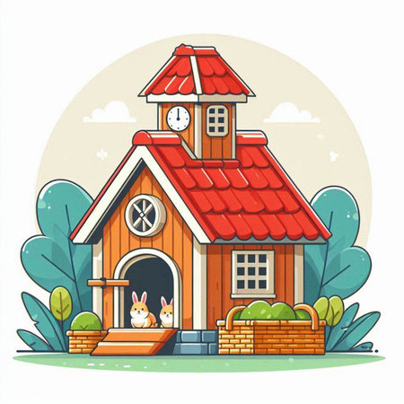Vector illustration of a cute cartoon house with a wooden roof and a rabbitのイラスト素材