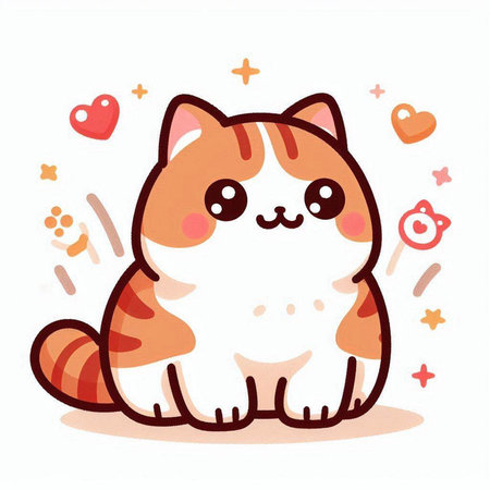 Cute cartoon cat with hearts on white background. Vector illustration.のイラスト素材