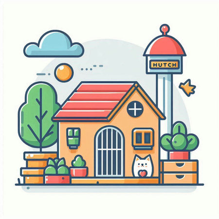 Flat line vector illustration. Cute school building in modern style.のイラスト素材