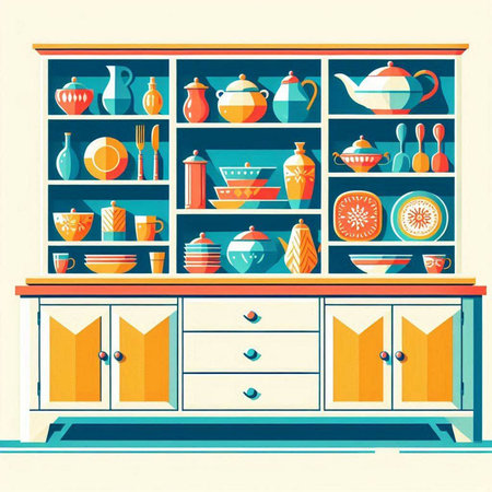 Kitchen interior. Vector illustration in retro style. Furniture and kitchen utensils.のイラスト素材