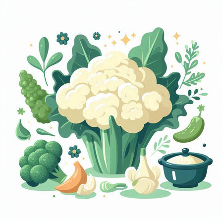 Cauliflower, broccoli, cucumber, garlic, parsley, pepper, eggplant. Vector illustration.のイラスト素材