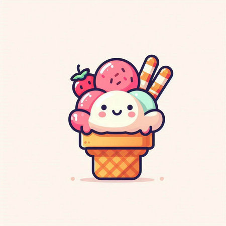 Cute cartoon ice cream character with strawberry and waffle cone.のイラスト素材