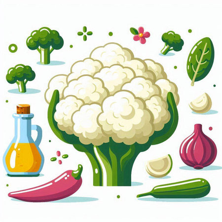 Illustration of Cauliflower and Vegetables on White Background.のイラスト素材