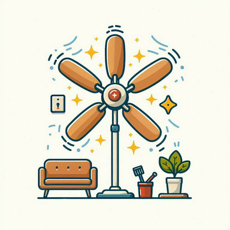 Vector illustration of electric fan in flat line style. Electric fan and furniture.のイラスト素材
