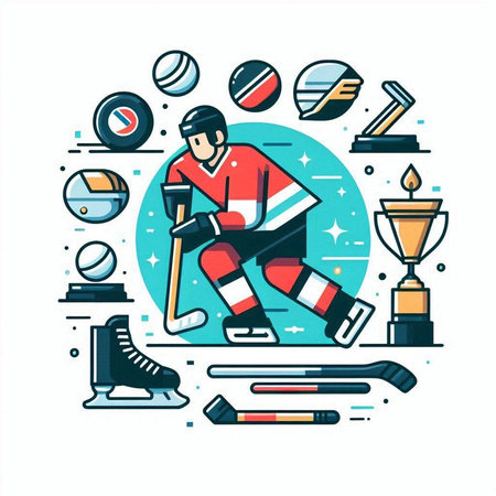 Ice hockey sport round badge with player, puck, cup and puck. Vector illustrationのイラスト素材