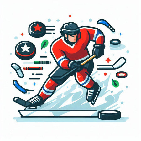 Ice hockey player with stick and puck on ice. Vector illustration.のイラスト素材