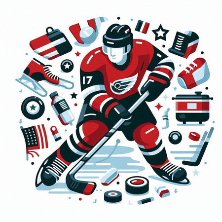Ice hockey player with equipment. Vector illustration in cartoon style on white background.のイラスト素材