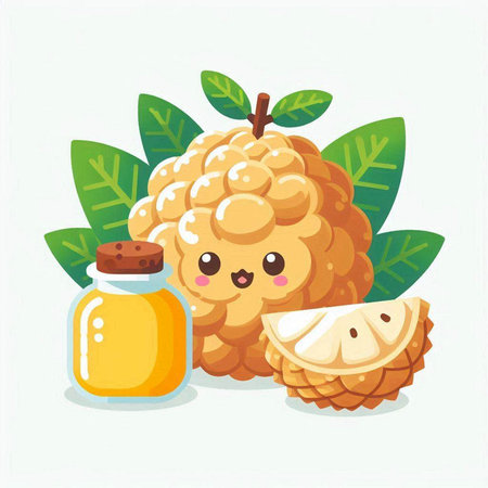 Illustration of a cute cartoon rambutan fruit with a bottle of essential oilのイラスト素材