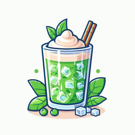 Iced green tea with whipped cream and mint leaves. Vector illustration.のイラスト素材