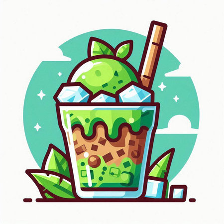 Matcha green tea with ice cubes. Vector illustration in cartoon style.のイラスト素材