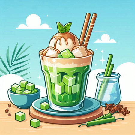 Matcha green tea with ice cream in glass. Vector illustration.のイラスト素材