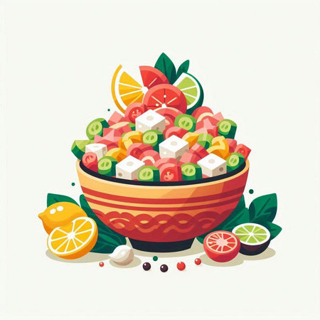 Vegetable salad with feta cheese in a bowl. Vector illustration.のイラスト素材