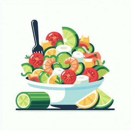 Salad with shrimp, cucumber, tomato and onion. Vector illustration.のイラスト素材