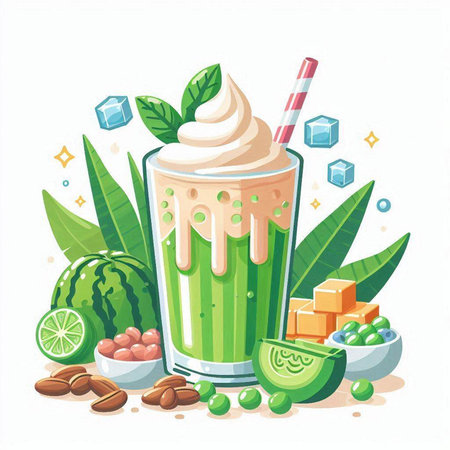 Vector illustration of a glass of green smoothie with ice cubes and fruit.のイラスト素材