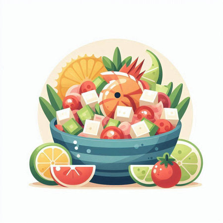 Salad with fresh vegetables and fruits in bowl. Vector illustration.のイラスト素材