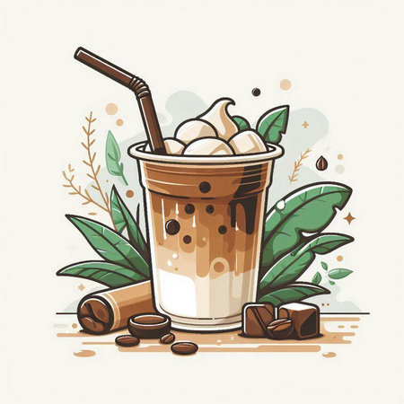 Iced coffee with whipped cream in a cup. Vector illustration.のイラスト素材